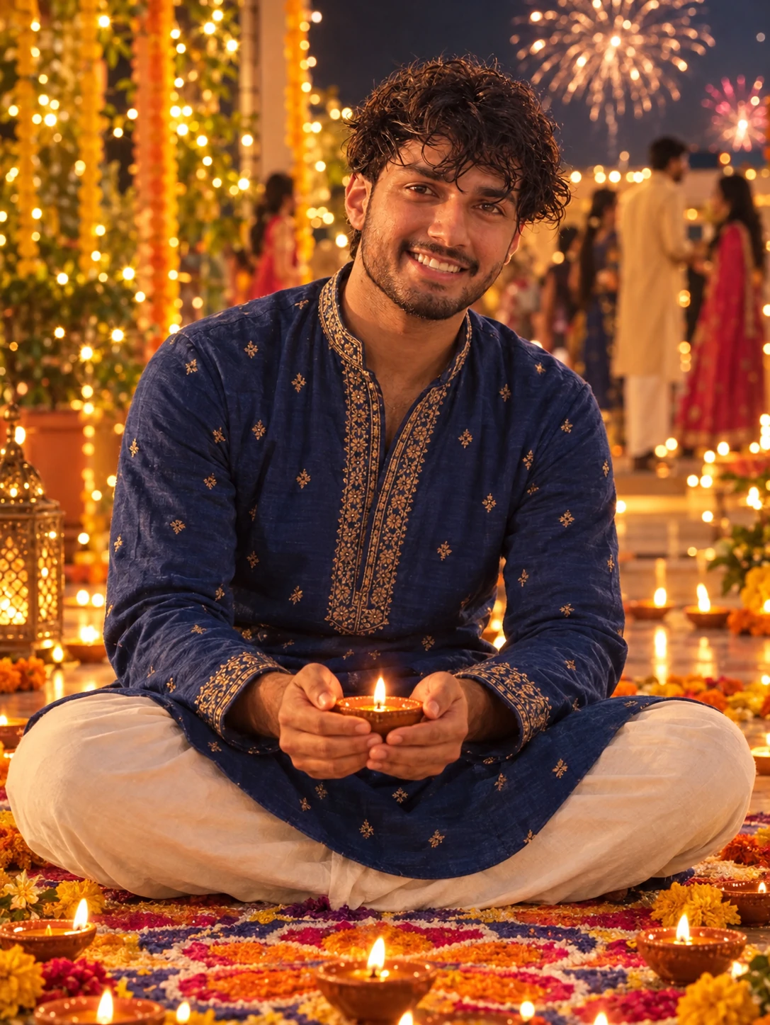 Boy Holding Diya on Rangoli Diwali AI Photo Prompt
