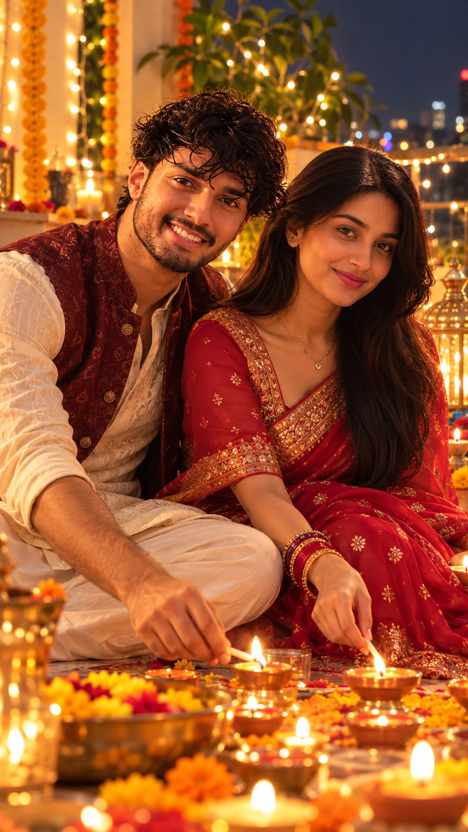 Couple Lighting Diyas Together Diwali AI Photo Prompt