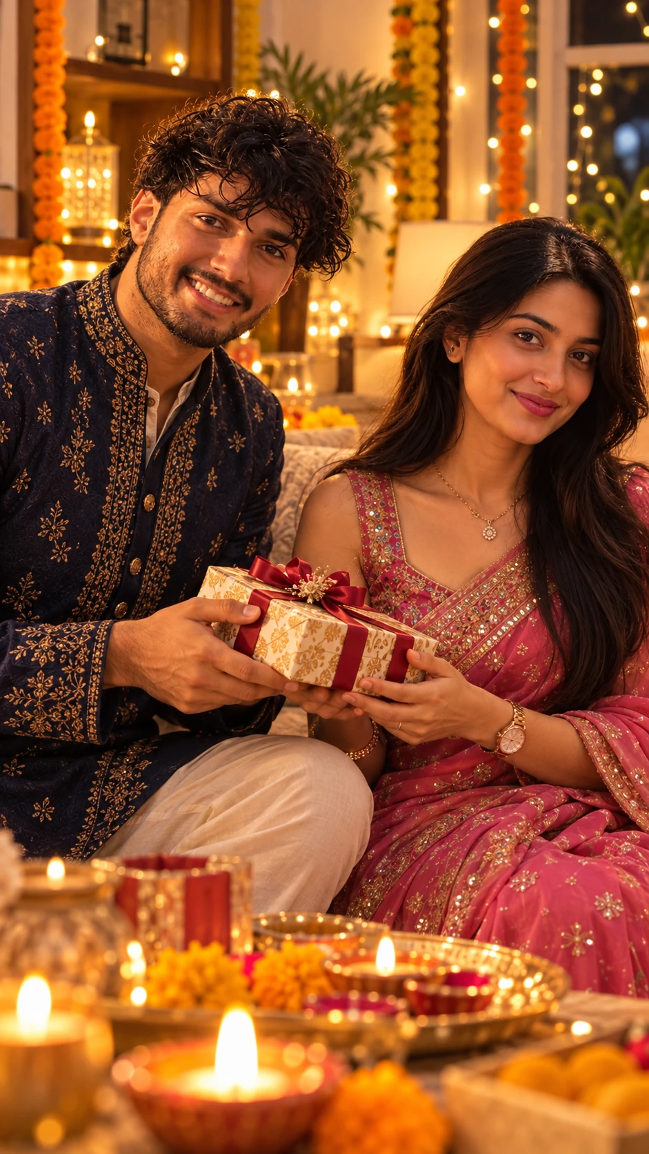 Diwali Gift Couple AI Photo Prompt in Sherwani and Saree