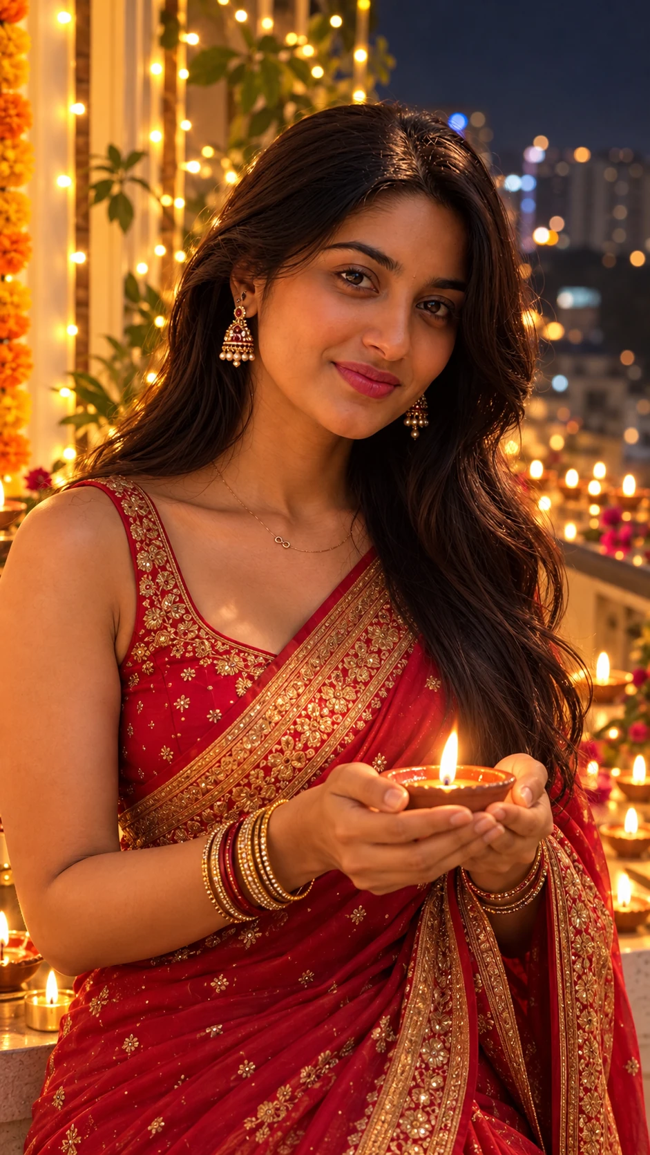 Diwali Night Diya in Hands AI Photo Prompt for Girls