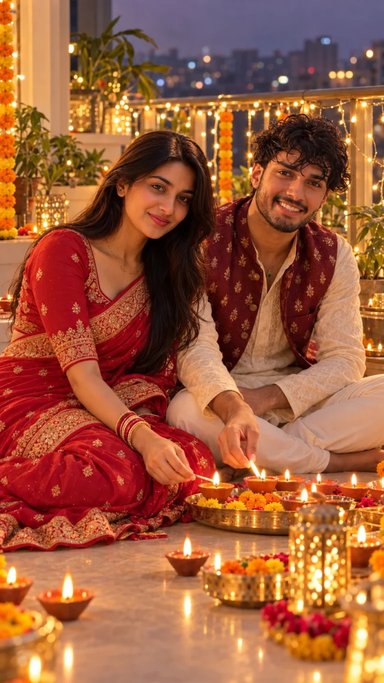 Red Saree Couple Diwali Balcony Diya AI Photo Prompt