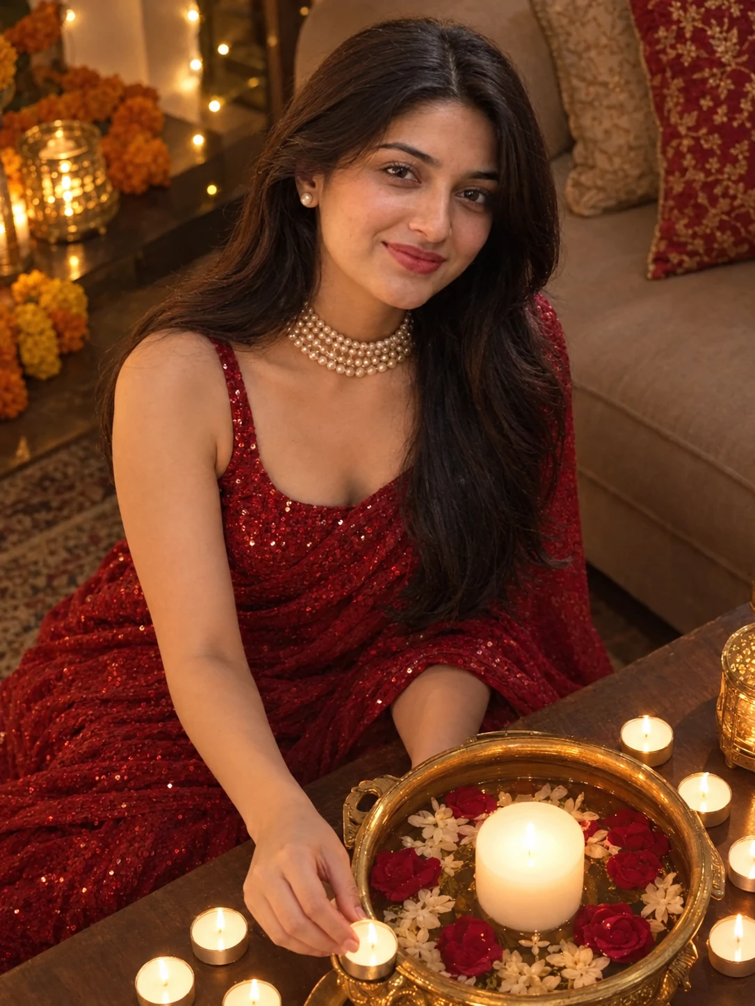 Red Sequin Saree Diwali Look AI Photo Prompt for Girls