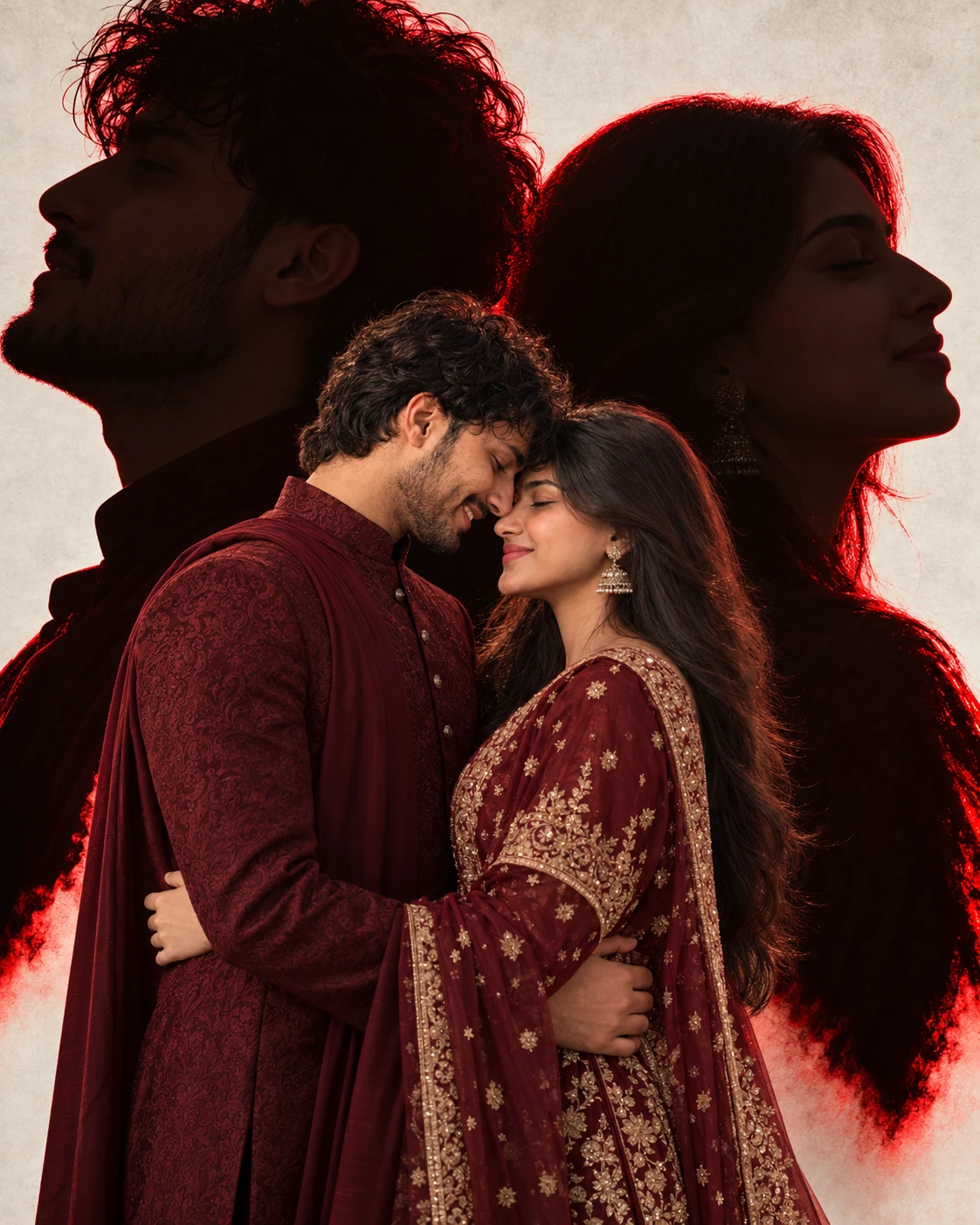 Romantic Couple Double Portrait AI Photo Prompt with Red Rim Light