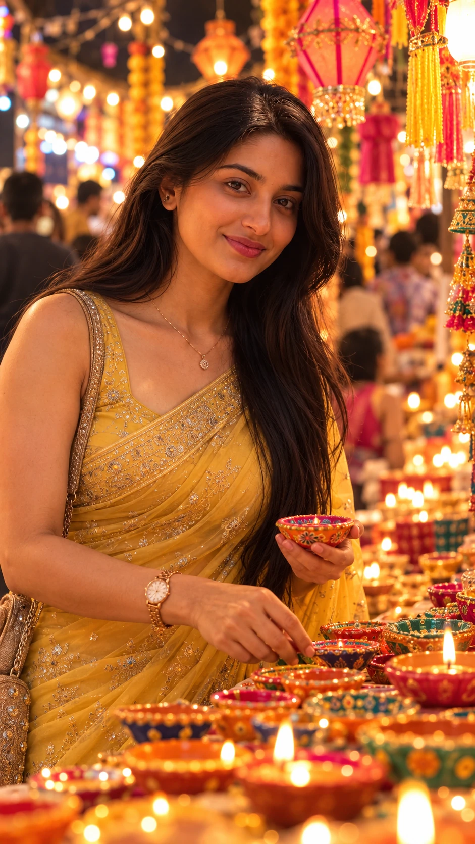 Yellow Saree Diwali Market AI Photo Prompt for Girls
